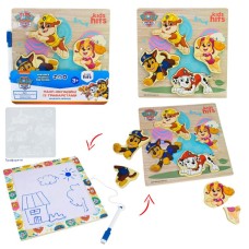 Дошка розвиавальна «Paw Patrol» 22х22 см з дерев`яними пазлами, трафаретом та маркером для малювання, під слюдою 22х22х2 см, KidsHits