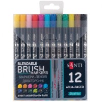Набір акварельних маркерів «Brush Pen» двосторонніх на 12 кольорів, ТМ SANTI